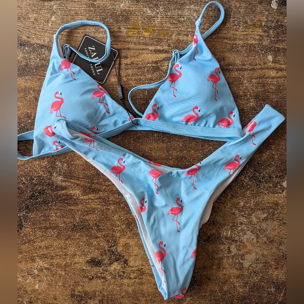 Zaful Blue and Pink Flamingo Bikini Set 8 NWT